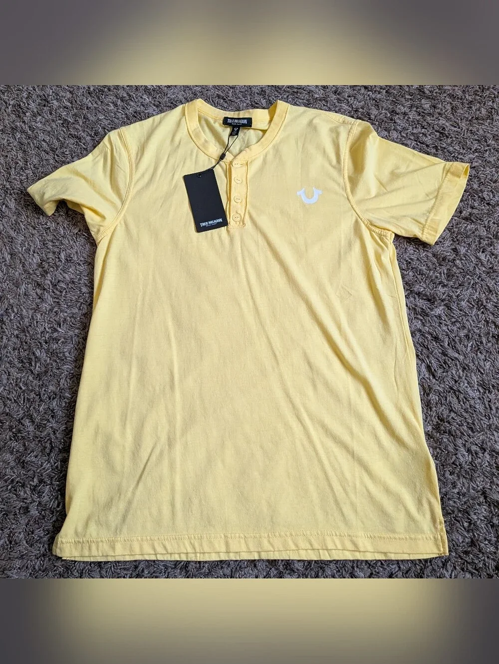 NWT True Religion Popcorn Yellow Logo Burnout Cotton Henley Shirt Men's S